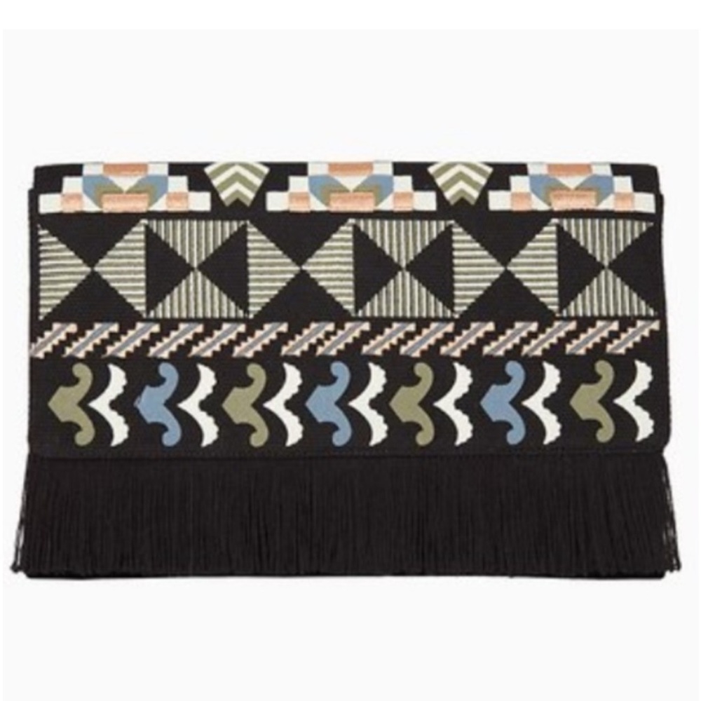 Stella & Dot Taj Clutch Cotton Credit Card Slots Snap Closure Black Embroidery - Picture 2 of 11